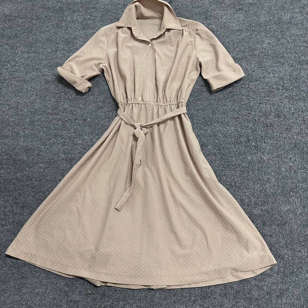 Vintage Dress Womens Size S Tan Polka Dot Shirt Dress Midi Short Sleeve Belted